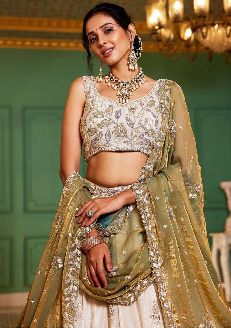 Cream Floral Print Tissue Lehenga Set - Indya