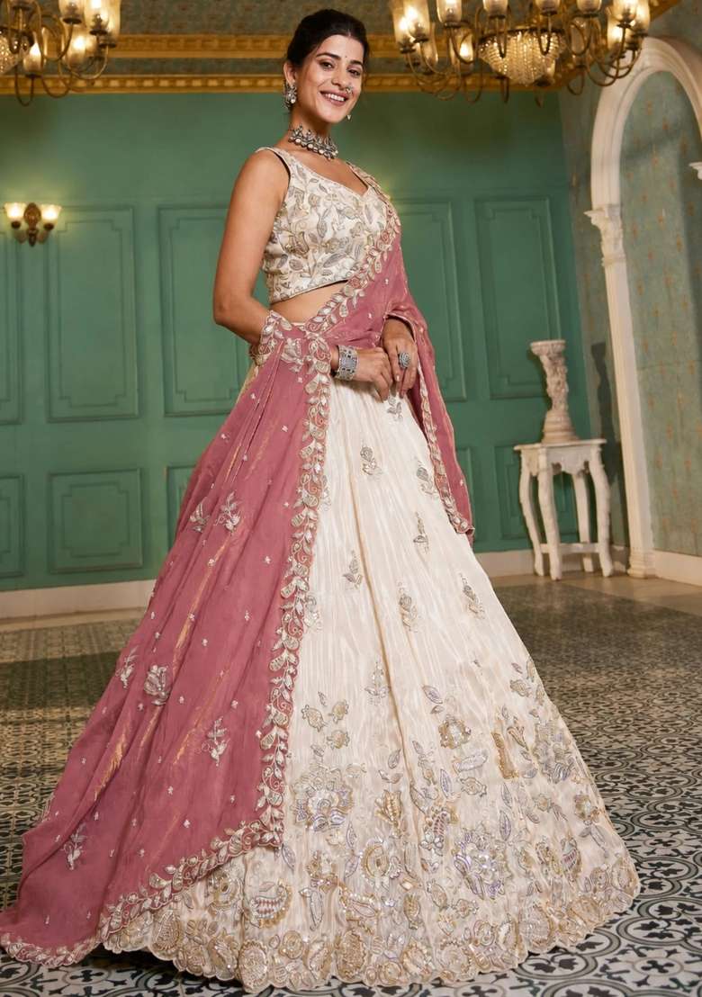 Cream Floral Print Tissue Lehenga Set - Indya