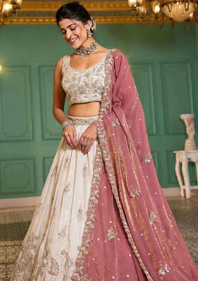 Cream Tissue Lehenga Set with Floral Print for Diwali | Wedding & Festive Wear - Indya