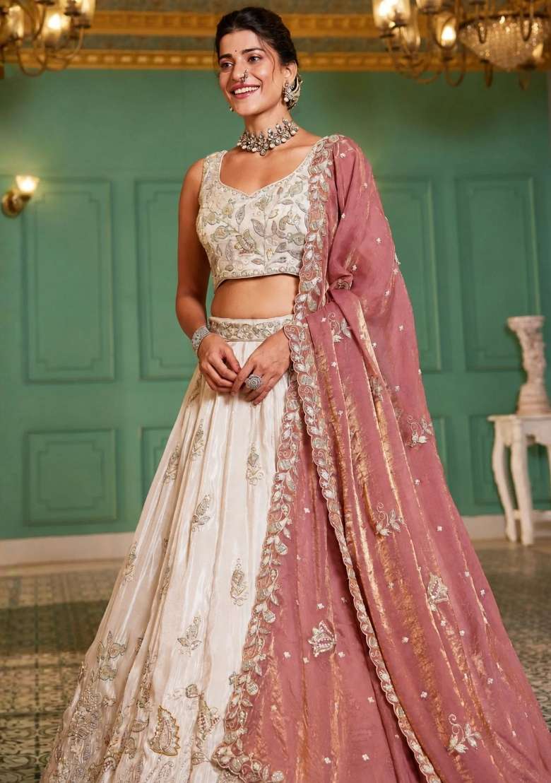 Cream Floral Print Tissue Lehenga Set - Indya