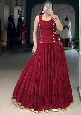 Red Lace Work Chiffon Lehenga Set