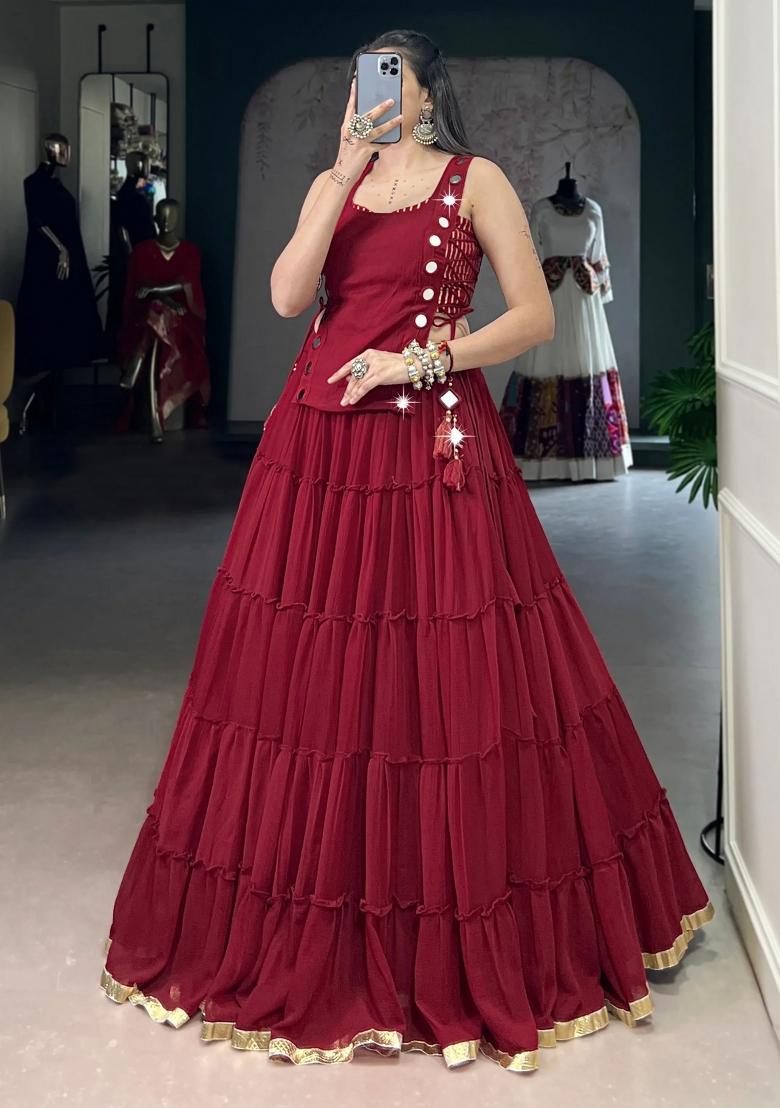 Red Lace Work Chiffon Lehenga Set - Indya