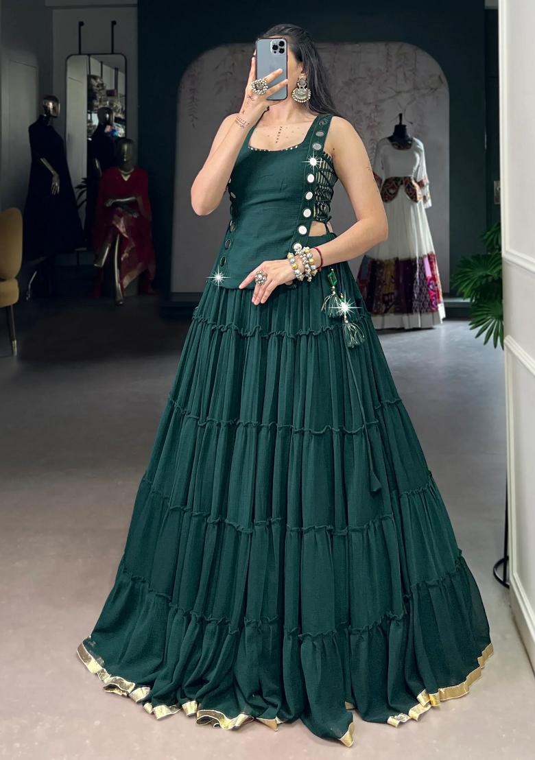 Green Lace Work Chiffon Lehenga Set - Indya