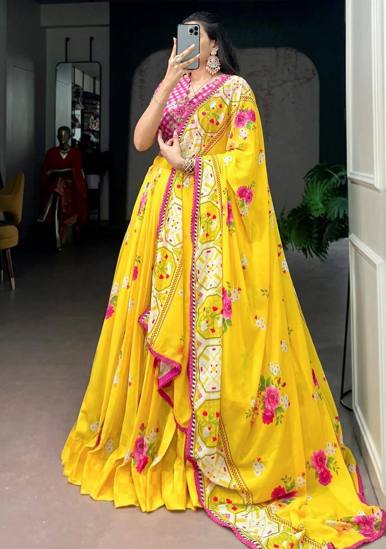 Yellow Floral Print Georgette Lehenga Set - Indya