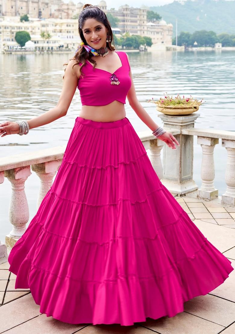 Pink Mirror Work Rayon Lehenga Set - Indya