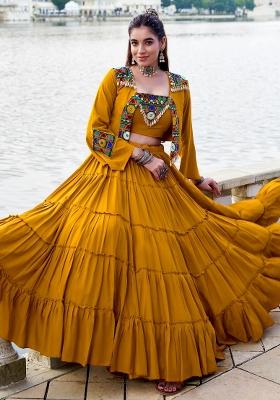 Yellow Mirror Work Rayon Lehenga Set