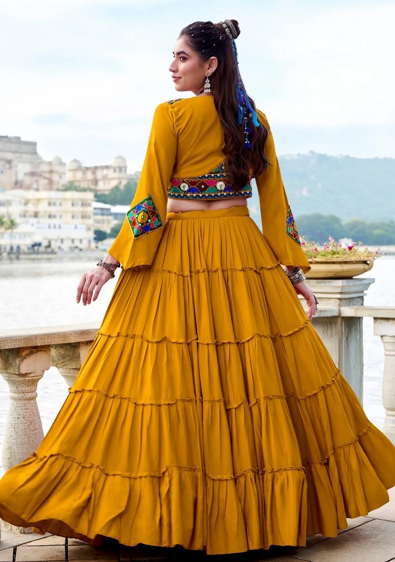 Yellow Mirror Work Rayon Lehenga Set - Indya