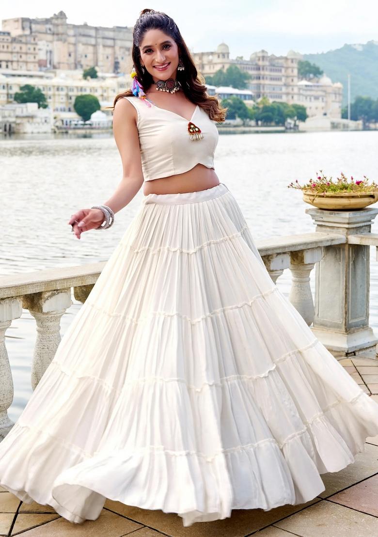 White Mirror Work Rayon Lehenga Set - Indya