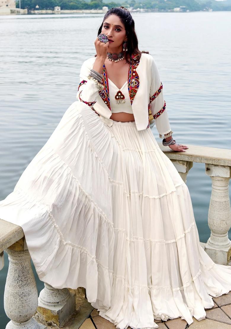 White Mirror Work Rayon Lehenga Set - Indya