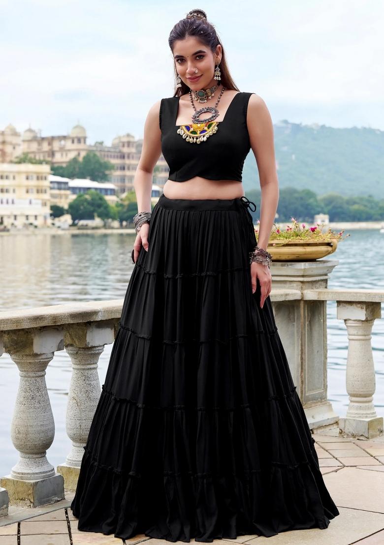 Black Mirror Work Rayon Lehenga Set - Indya