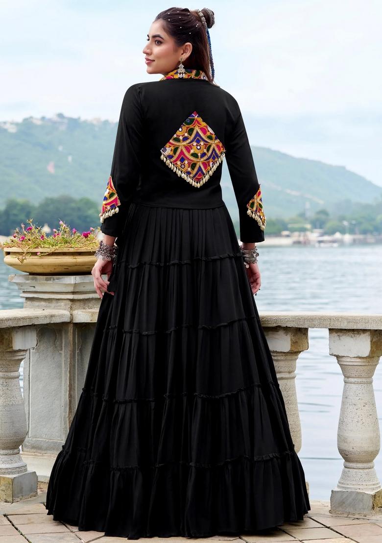Black Mirror Work Rayon Lehenga Set - Indya