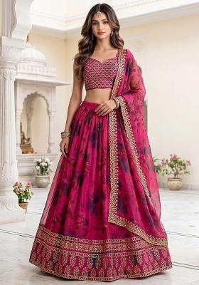 Pink Floral Print Organza Lehenga Set