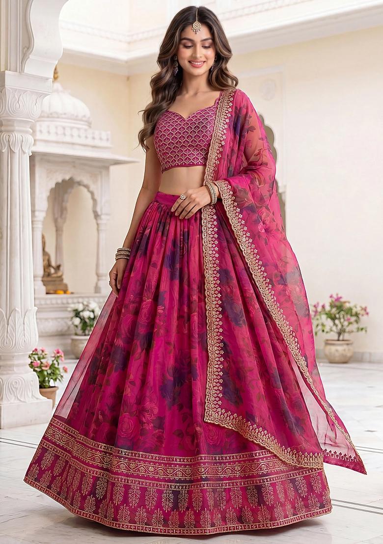 Pink Floral Print Organza Lehenga Set - Indya