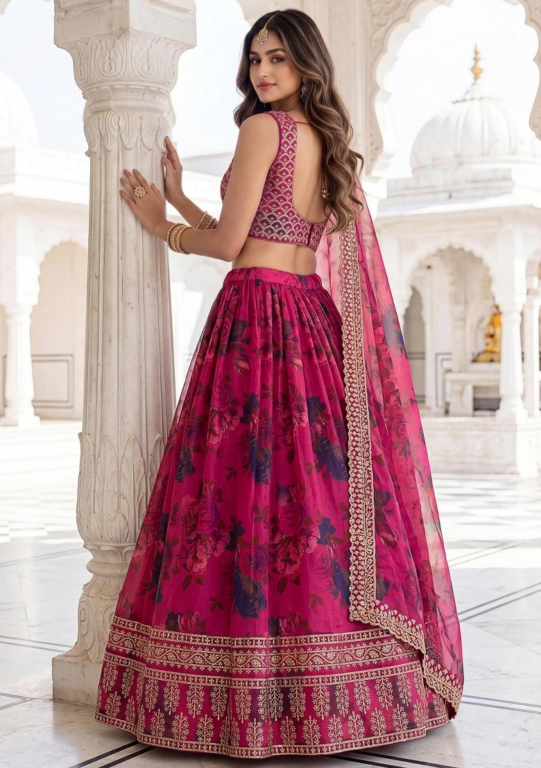 Pink Floral Print Organza Lehenga Set - Indya