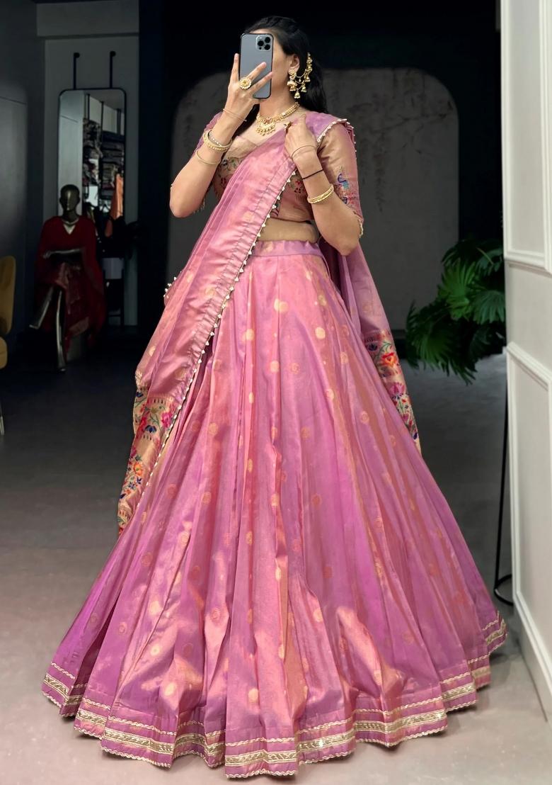 Pink Zari Work Shimmar Lehenga Set - Indya