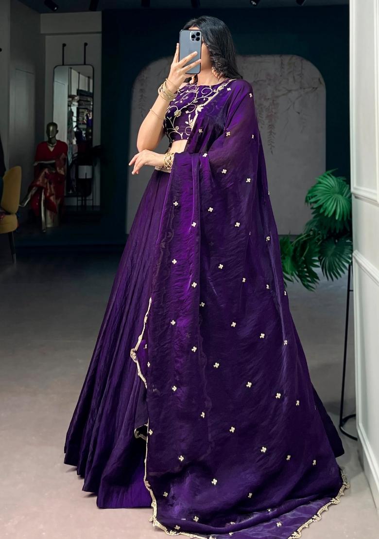 Purple Embroidered Silk Lehenga Set - Indya