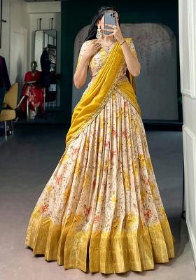Yellow Floral Print Silk Lehenga Set