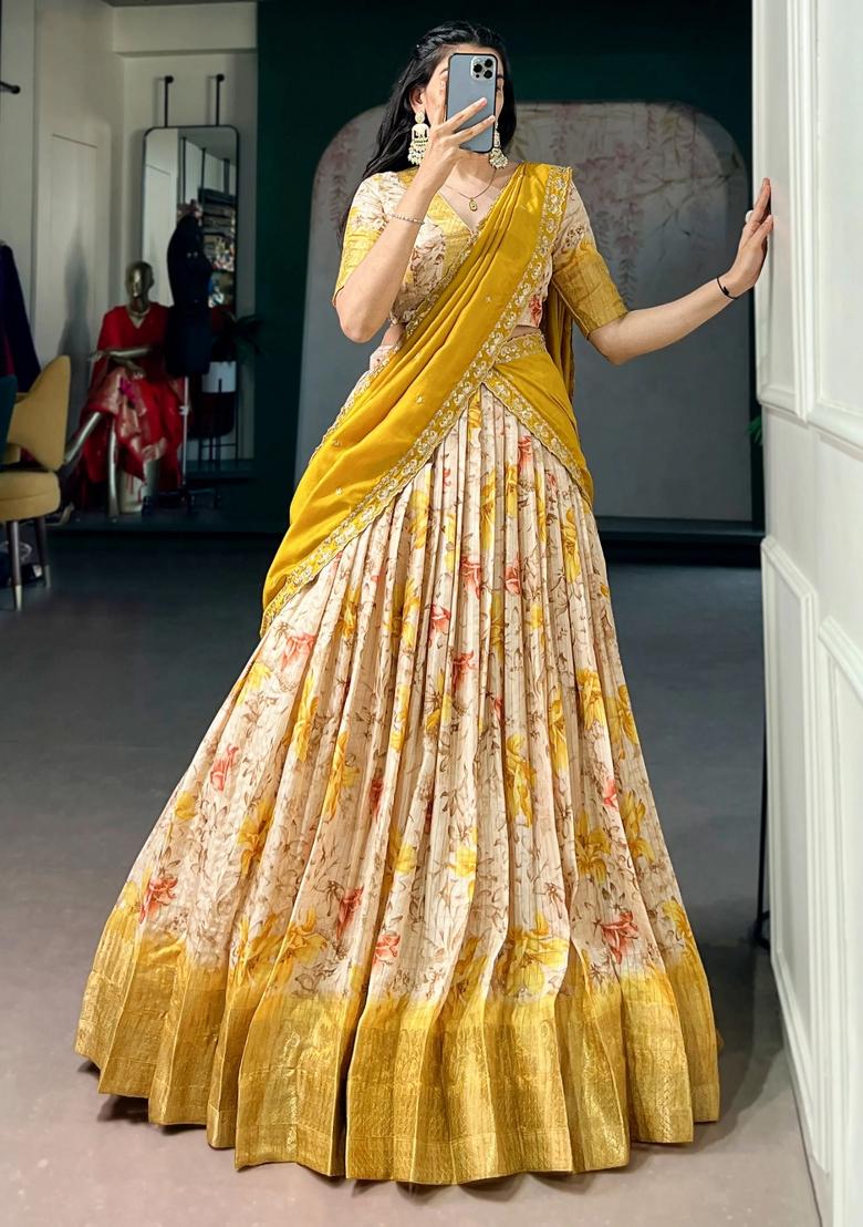 Yellow Floral Print Silk Lehenga Set - Indya