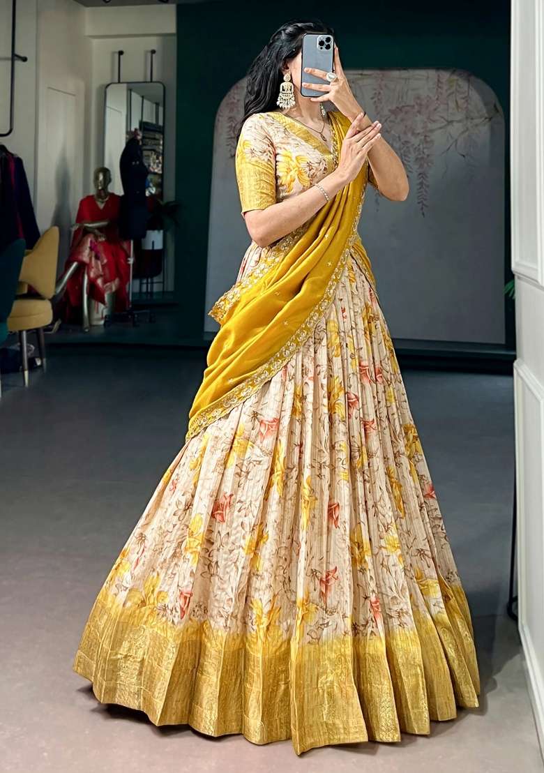 Yellow Silk Lehenga Set with Floral Print for Diwali | Wedding & Festive Wear - Indya