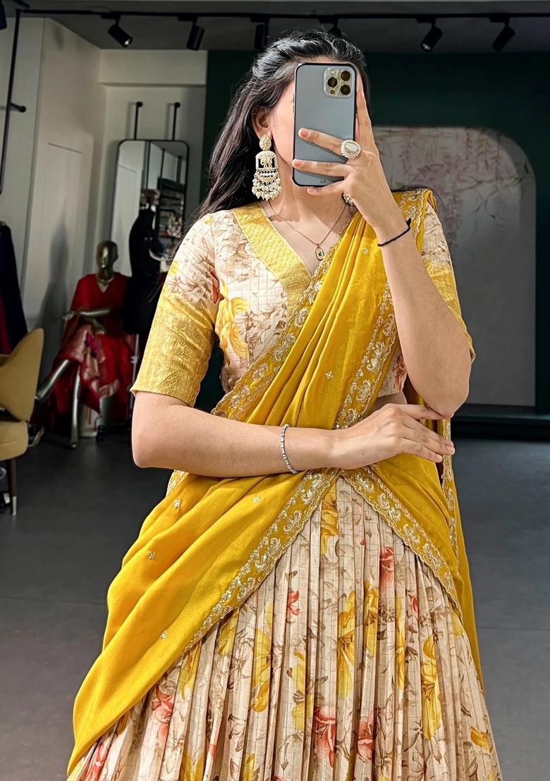 Yellow Floral Print Silk Lehenga Set - Indya