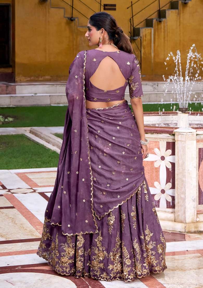 Lavender Floral Print Silk Lehenga Set - Indya
