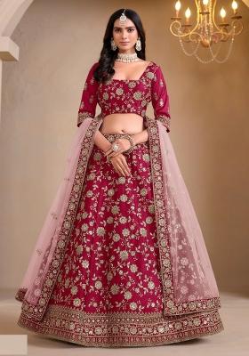 Pink Floral Print Silk Lehenga Set