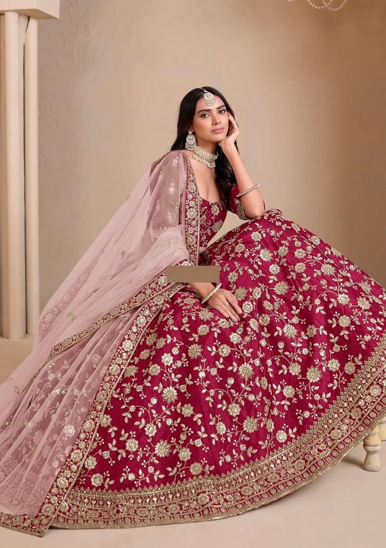 Pink Floral Print Silk Lehenga Set - Indya