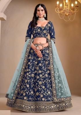 Navy Blue Floral Print Silk Lehenga Set