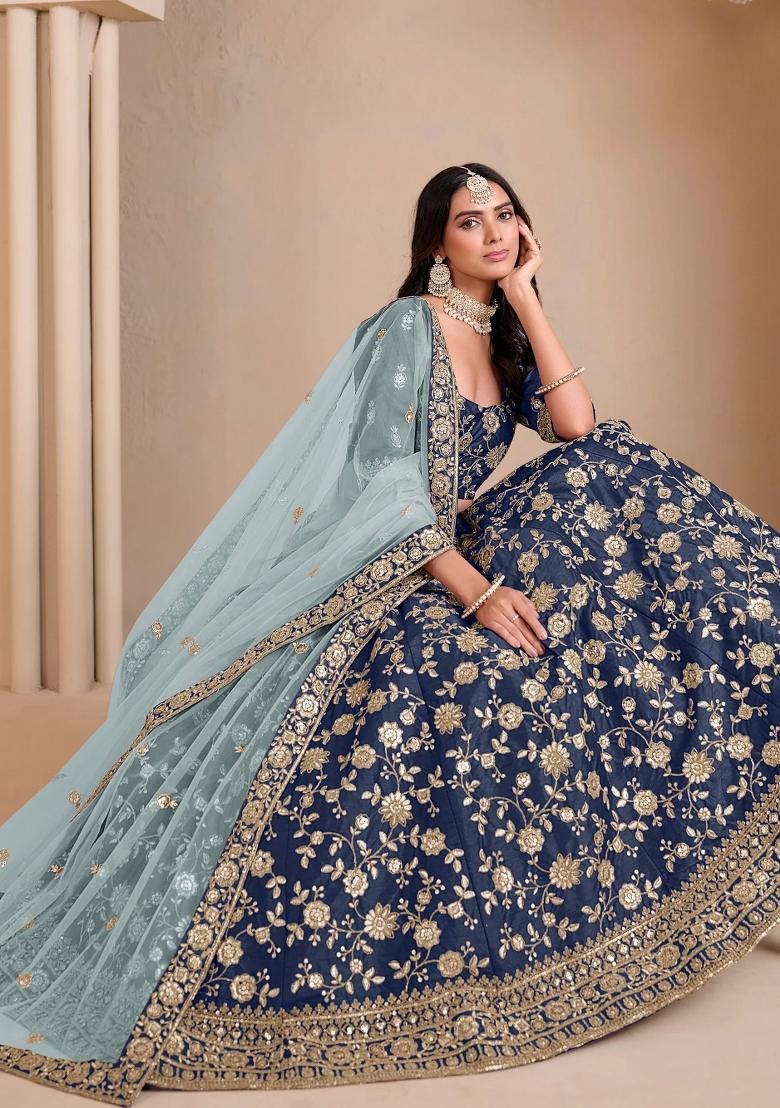 Navy Blue Floral Print Silk Lehenga Set - Indya