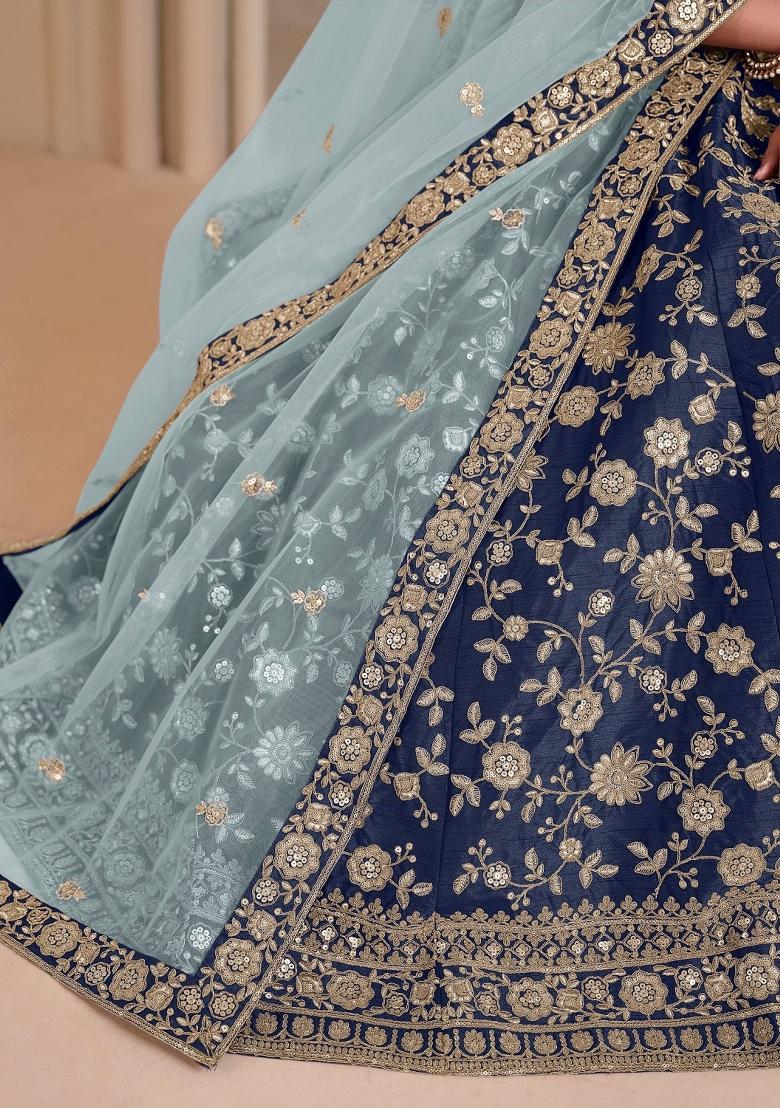 Navy Blue Floral Print Silk Lehenga Set - Indya