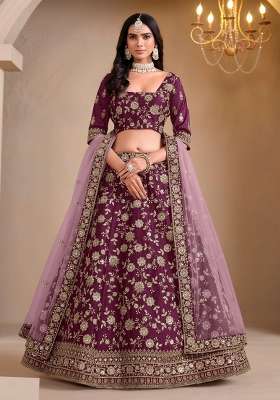 Wine Silk Lehenga Set with Floral Print for Diwali | Wedding & Festive Wear