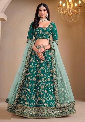 Green Floral Print Silk Lehenga Set