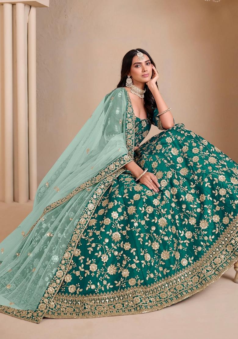 Green Floral Print Silk Lehenga Set - Indya