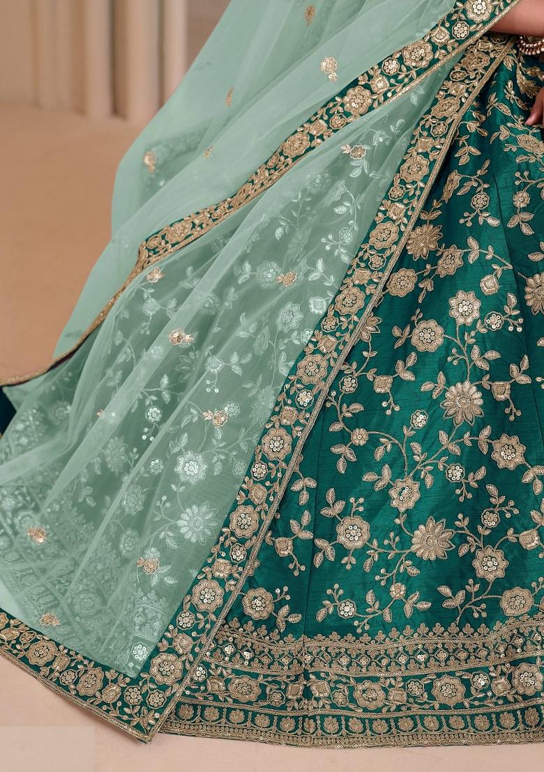 Green Floral Print Silk Lehenga Set - Indya