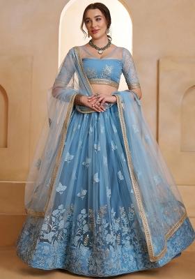 Blue Embroidered Net Lehenga Set