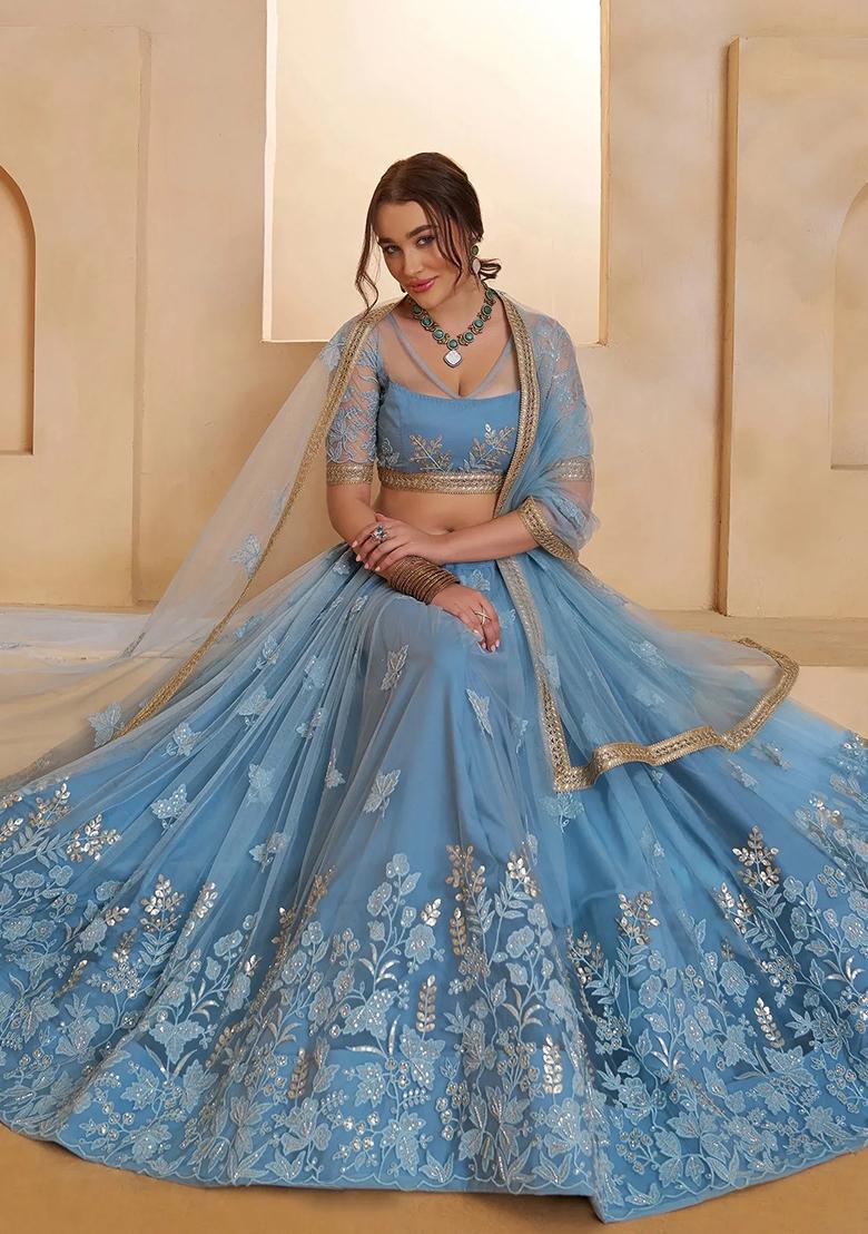Blue Embroidered Net Lehenga Set - Indya