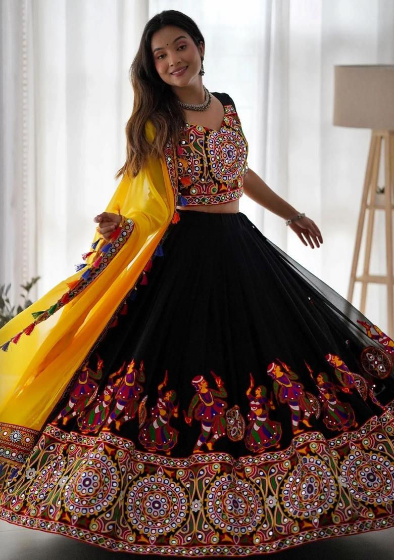 Black Mirror Work Georgette Lehenga Set - Indya