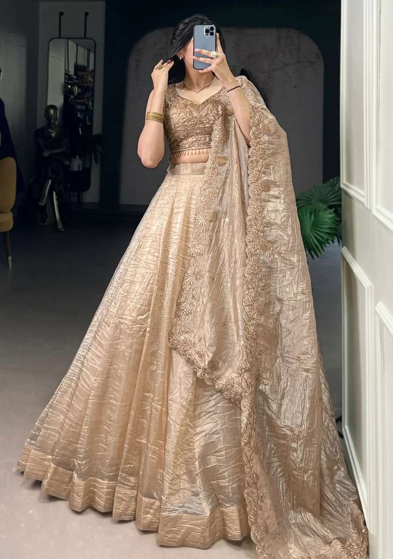 Golden Embroidered Organza Lehenga Set for Diwali and Festive Wear - Indya