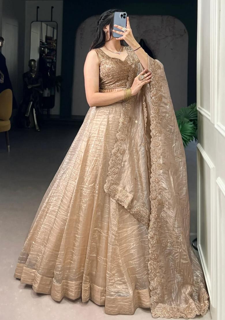 Golden Embroidered Organza Lehenga Set - Indya
