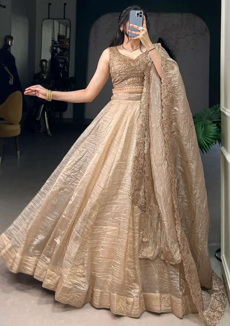 Golden Embroidered Organza Lehenga Set for Diwali and Festive Wear - Indya