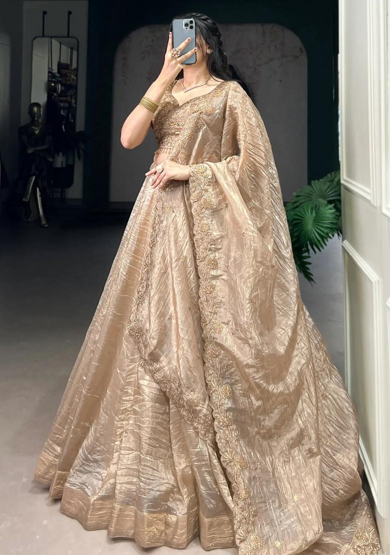 Golden Embroidered Organza Lehenga Set - Indya