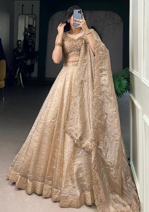 Golden Embroidered Organza Lehenga Set