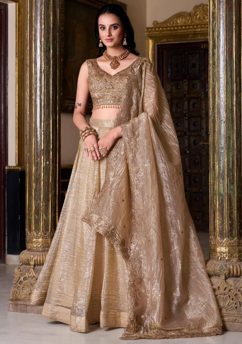 Golden Embroidered Organza Lehenga Set - Indya