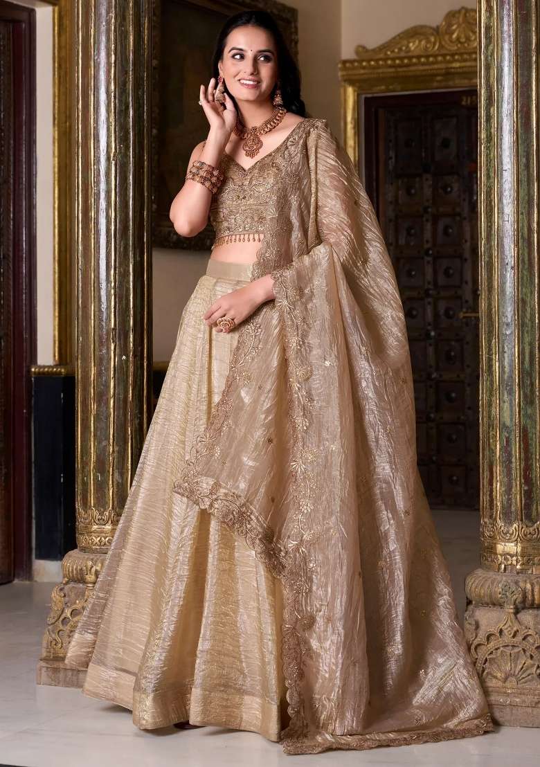Golden Embroidered Organza Lehenga Set for Diwali and Festive Wear - Indya