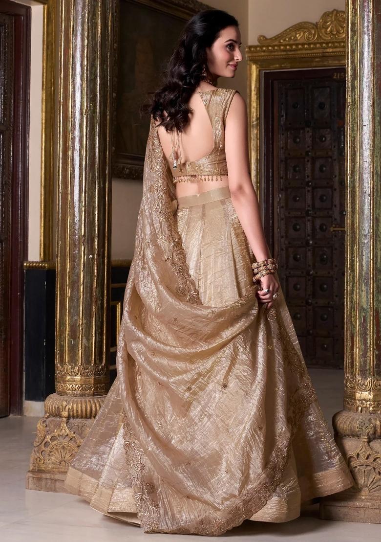 Golden Embroidered Organza Lehenga Set - Indya