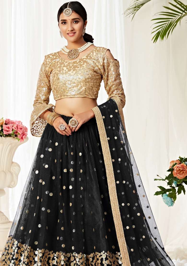 Beige Embroidered Net Lehenga Set - Indya