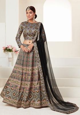 Grey Printed Silk Lehenga Set