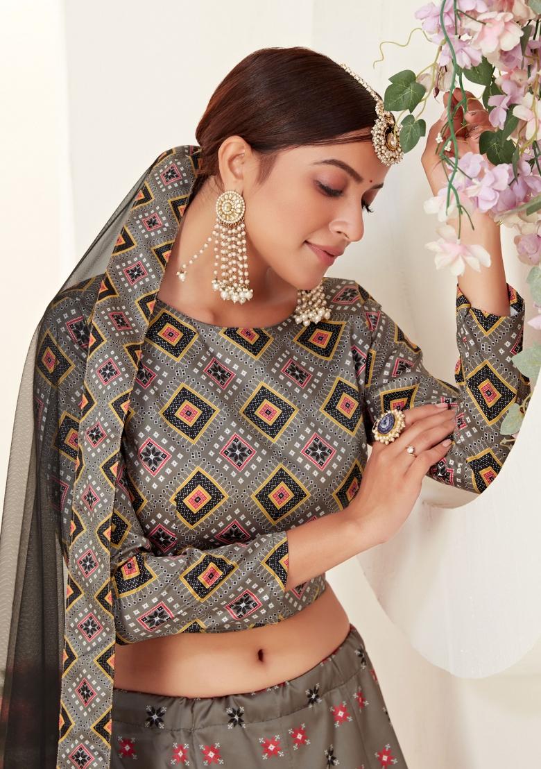 Grey Printed Silk Lehenga Set - Indya