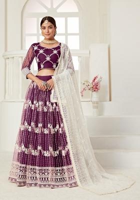 Wine Embroidered Net Lehenga Set