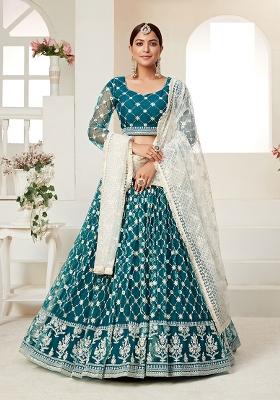 Teal Blue Embroidered Net Lehenga Set